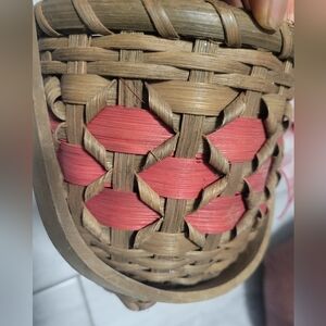 Hanging Handcrafted Brown and Red Woven Basket With Plaid Ribbon Size 13 X 3.5"